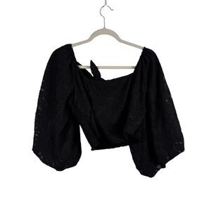 Mustard Seed Black Crop Smocked Blouse Balloon Sleeve Witchygoth Womens Medium